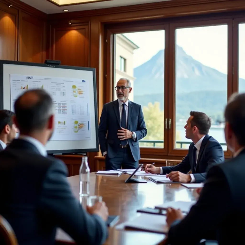 Professionista che analizza documenti aziendali con un gruppo di lavoro