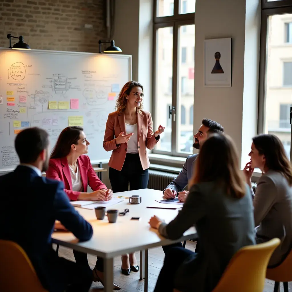 Consulente che discute strategie aziendali con un cliente in un ufficio moderno